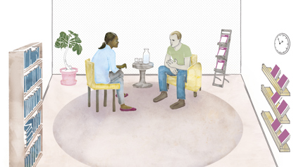 illustration av två personer som sitter i två fåtöljer i ett rum och samtalar. 