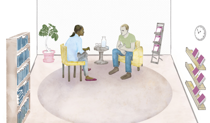 illustration av två personer som sitter i två fåtöljer i ett rum och samtalar. 