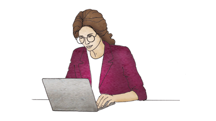 Illustration av en kvinna framför en dator