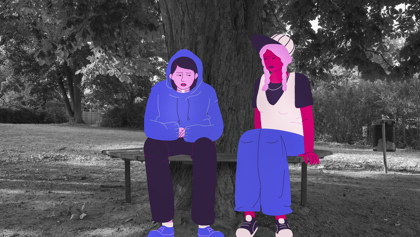 Illustration av två personer som samtalar under ett träd