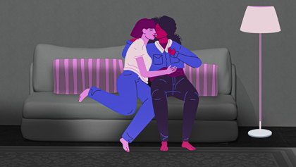 Illustration av två personer som pussas i soffan