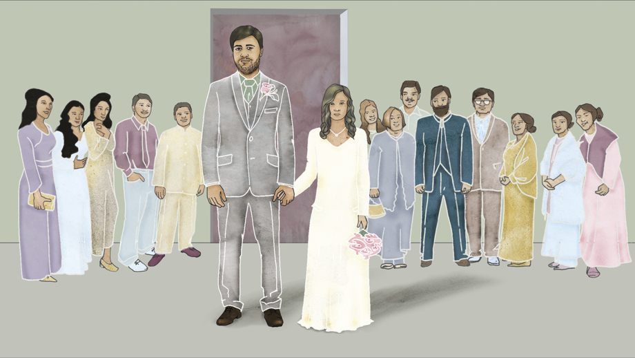 Illustration av ett bröllop mellan en vuxen man och en ung tjej. 