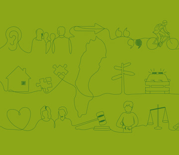 Illustrerad bild av en mobil, öra, människor, sverigekarta, cyklist, öga, polisbil, nyckel, alla bilder hänger samman i ett penseldrag