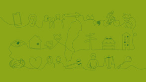 Illustration med olika grafiska bilder på bland annat människor, hus och pusselbitar.