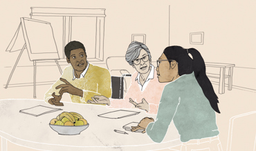 Tre personer har ett projektmöte.