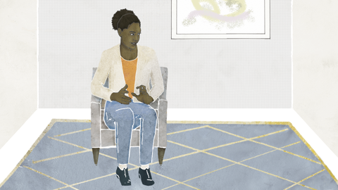 Illustration av person som sitter i ett samtalsrum.