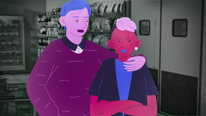 Illustration av två personer som håller om varandra