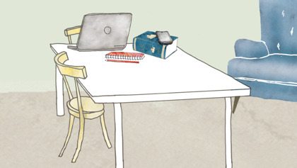 Illustration av bord med lagbok och dator på