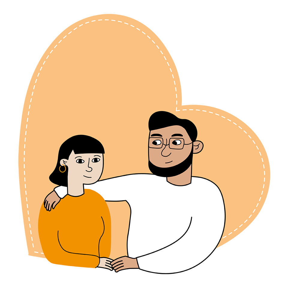 Illustration av ett barn och en vuxen inuti ett orange hjärta.