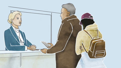 Illustration av vuxen man och barn vid en receptionsdisk