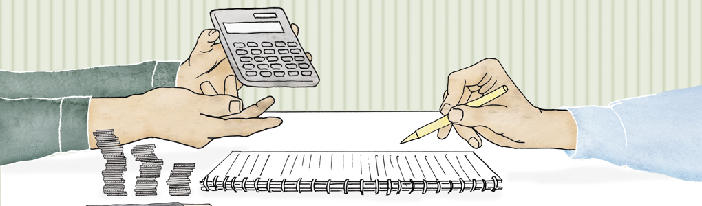 Två personer räknar pengar med hjälp av miniräknare.