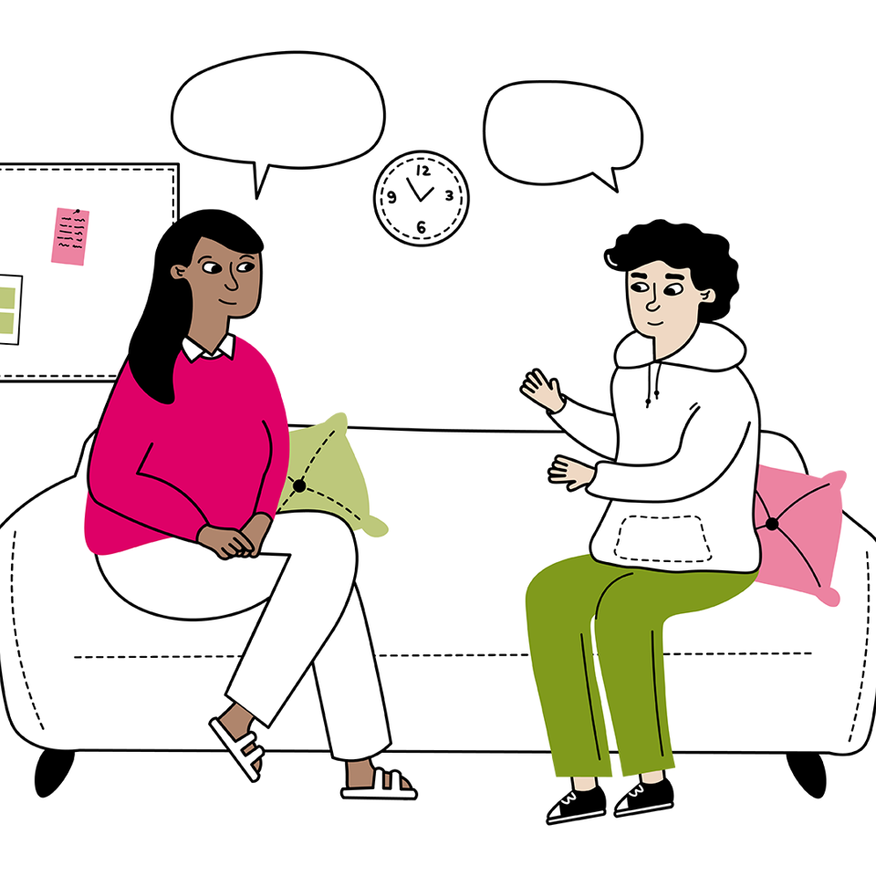 Illustration av två personer som sitter i en soffa och pratar med varandra.