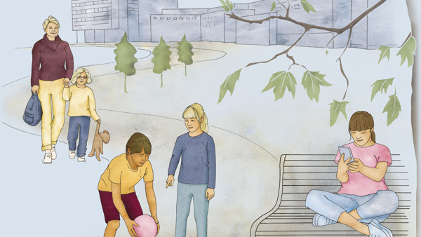 Illustration av flera barn i en park