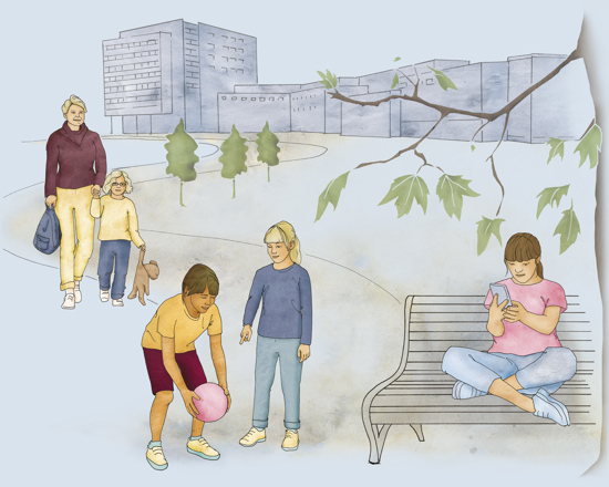 Illustration av flera barn i en park